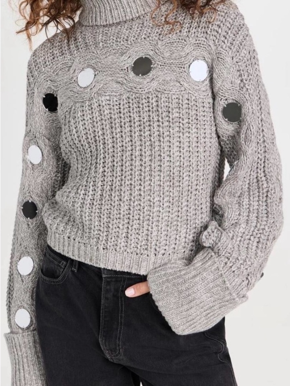 STAUD Gray Chunky Knit Mirror-Disc Turtleneck Sweater